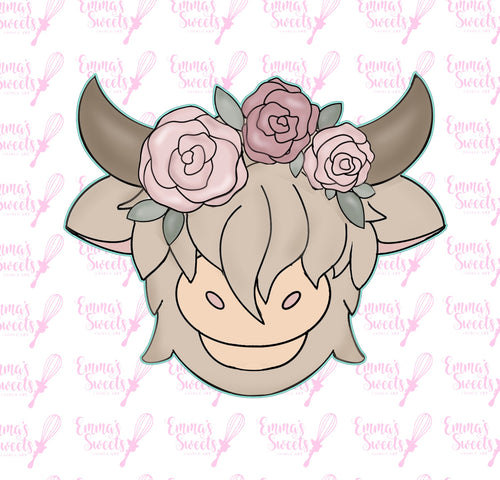 Highland Cow Face With Flowers